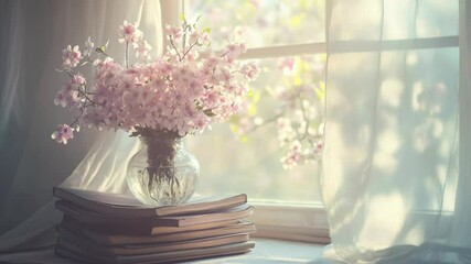 Poster - A vase filled with pink flowers sits on top of a stack of books, perfect for decorating a study or office space