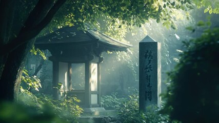 Poster - A small gazebo surrounded by dense foliage, perfect for outdoor events or nature photography