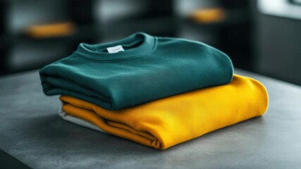 Poster - Three shirts stacked on a table, various designs and colors