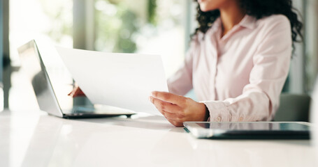 Aufkleber - Business, hands or woman with paperwork, laptop or review for budget report. Network, person or employee with documents, taxes or audit with financial advisor, internet or portfolio for profit growth