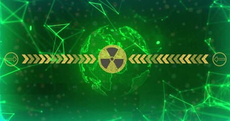 Poster - Green network grid filling initiating globe rotating and chevron band pulsing around hazard symbol