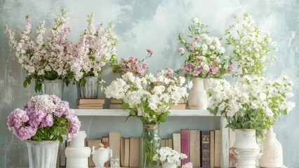 Poster - A shelf displaying multiple vases filled with fresh flowers, ideal for home decor or office use