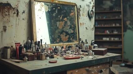 Poster - A table filled with various paints and bottles, perfect for creative projects or art classes
