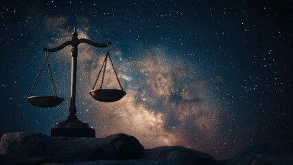 Poster - A scale of justice perched on top of a rocky outcropping, representing fairness and equity