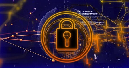 Poster - Centered padlock appearing driving globe rotating, network linking code scrolling ensuring security