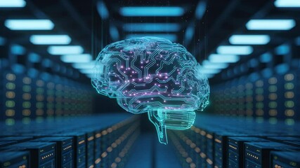 Poster - Digital Brain: An illuminated representation of a human brain superimposed on a futuristic data center, capturing the essence of artificial intelligence, computer technology and neural network. 