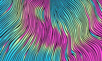 Poster - Vector illustration in modern neon gradient line art style: vibrant flowing lines in pink, blue, and green shades on black, forming abstract wavy shapes. Popular trend with futuristic, dynamic look.