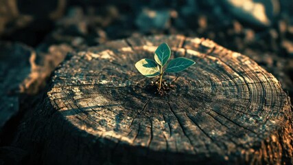 Poster - A tree stump with a small plant growing out of it, great for environmental or gardening themes