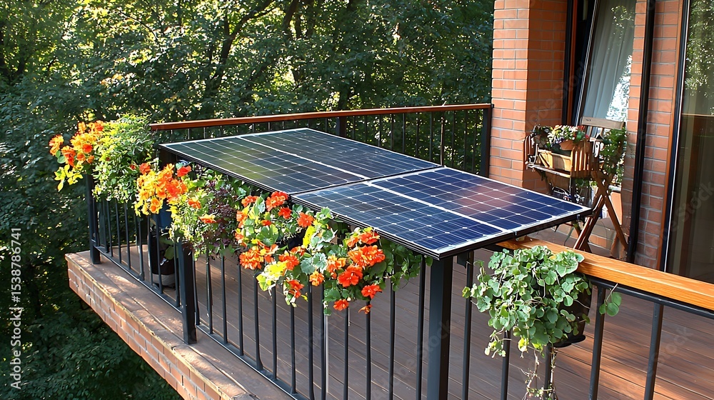 Balcony Solar Panels With Orange And Yellow Flowers In Hanging Planters balcony-solar-panels-with-orange-and-yellow-flowers-in-hanging-planters