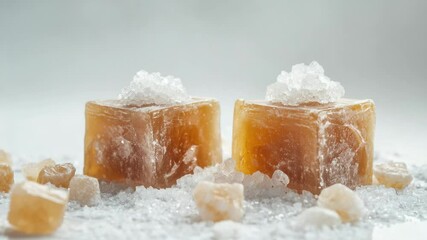 Poster - A stack of sugar cubes sits atop a large pile of sugar, ideal for use in photography or graphic design