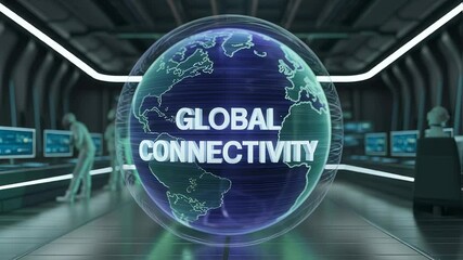 Poster - Global Connectivity: An image promoting worldwide links and digital exchange, focusing on a futuristic data center or control room setting with globe and related technology