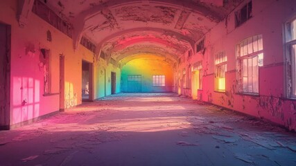 Poster - A bright and colorful hallway with a vibrant rainbow light shining through the walls