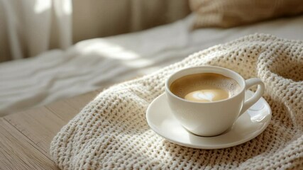Poster - A single serve coffee cup sits atop a decorative saucer, ready for use