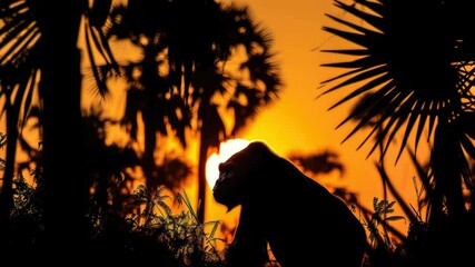 Poster - A monkey sits peacefully in the grass, surrounded by lush greenery