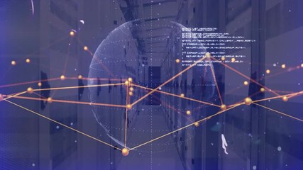 Poster - Flickering holographic globe rotating connecting network nodes visualizing data in server corridor