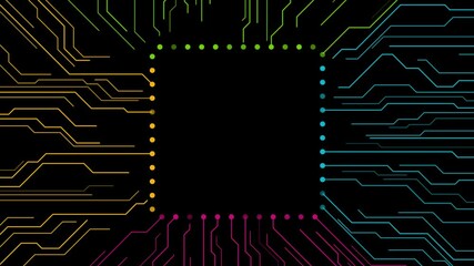 Aufkleber - Colorful circuit board lines abstract futuristic tech drawing on black background. Seamless looping CPU chip motion design. Video animation Ultra HD 4K 3840x2160