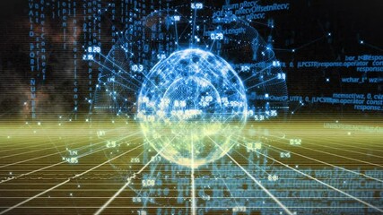 Poster - Glowing grid receding triggers holographic sphere emerging and rotating visualizing data streams
