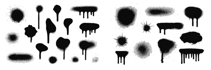 Poster - Creative collection of black spray paint stains on a white background displaying various shapes and patterns for artistic use