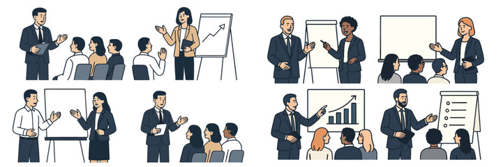 Poster - Professionals engage in various presentations and discussions in a business conference setting in a corporate environment