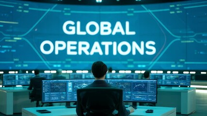Poster - Global Operations Center: A team of specialists monitors global operations from a state-of-the-art control room, focused on screens displaying crucial data streams.