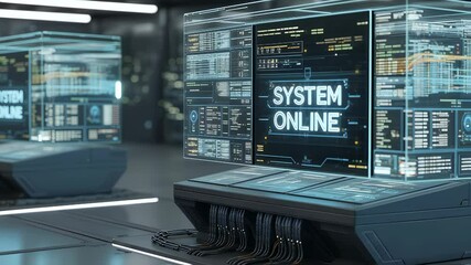 Poster - System Online: Futuristic technological prowess with holographic interfaces and advanced data visualization, representing interconnected system monitoring in a dynamic digital environment.