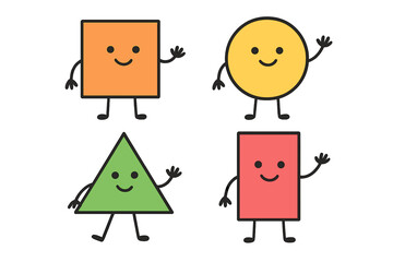 Poster - Colorful geometric shapes with smiling faces interact in a playful setting