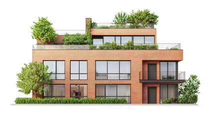 Poster - Brick rowhouse with modern windows and rooftop garden Transparent background, PNG file