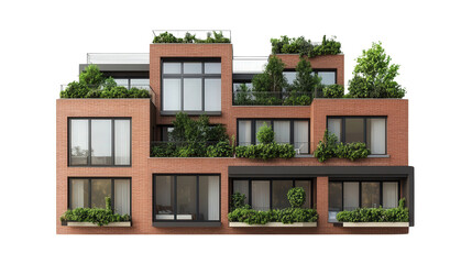 Poster - Brick rowhouse with modern windows and rooftop garden Transparent background, PNG file