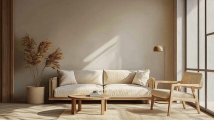 Poster - Neutral modern living room with wooden furniture, cozy sofa, natural light, pampas grass, and textured rug, ideal for interior design promotions, home styling visuals, and decor inspiration