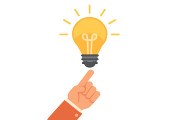 Poster - Bright idea symbolized by a light bulb and a pointing hand in a minimalist design