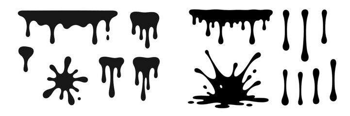Poster - Black paint drips and splashes in various shapes arranged on a white background for artistic use