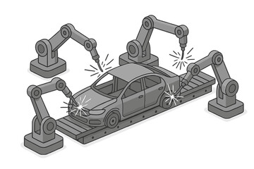 Poster - Robotic arms assembling a vehicle on a production line in a modern manufacturing facility