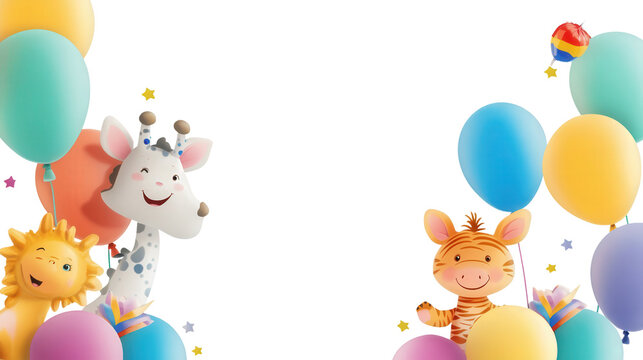 Colorful children party menu with cartoon animals and balloons Transparent background, PNG file