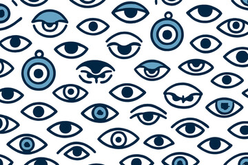 Poster - Pattern featuring various eye designs in blue shades against a white background