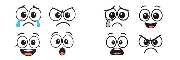 Poster - Various emotive expressions displayed by cartoon faces showcasing joy, sadness, surprise, and anger in simple designs