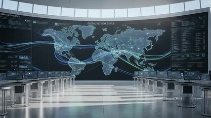 Poster - Network Control Center: The command center shows data streaming through the globe to the world and monitors a complex international network.