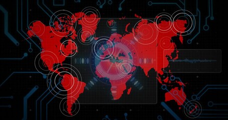 Poster - On launch red world map appearing scanning overlay and pulsing rings visualizing network monitoring