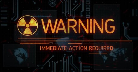 Poster - Dark grid initiating radiation hazard fading, HUD animating and warning demanding immediate action