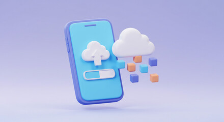 Poster - A cartoon smartphone with a cloud above it and a download bar with colored cubes around the cloud