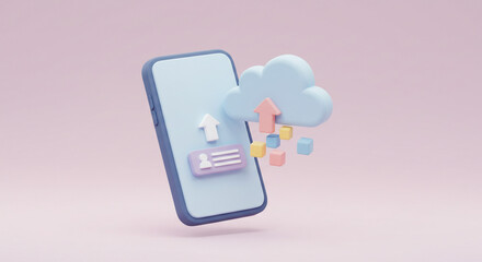 Poster - A pastel illustration of a phone with cloud storage and data transfer on a light pink background