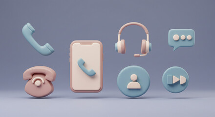 Poster - Pastel communication icons including phone headset chat and contact on a light blue background