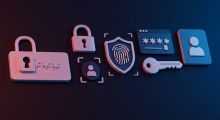 Poster - A digital security concept featuring locks, fingerprint shield, and user icons on a dark background