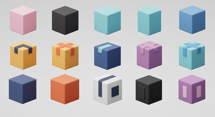 Poster - Fifteen colorful cubic objects arranged on a light gray background in a three by five grid pattern