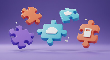 Poster - Floating puzzle pieces in orange blue and purple with cloud and server icons on a purple background