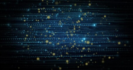 Poster - Flickering code glyphs causing golden particles emerging swirling blue lines visualizing data flow