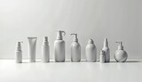 diffrent bottles of cosmatics in gray color isolated on solig gray colored backround