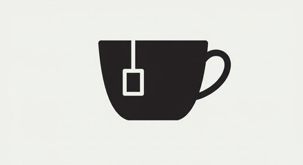 Poster - A black silhouette of a tea cup with a tea bag inside on a white background in a simple illustration