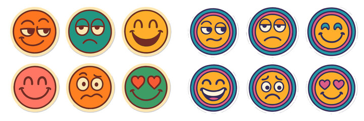 Poster - Collection of colorful emoticons illustrating various facial expressions and feelings in a playful design