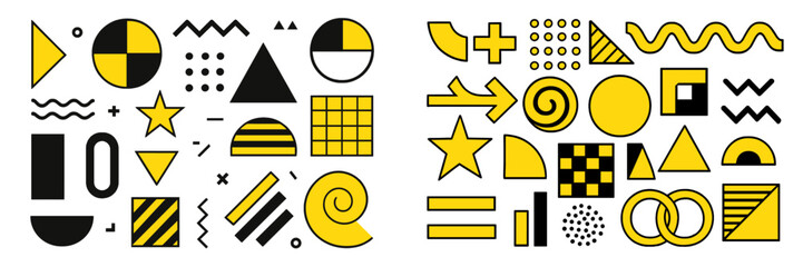 Poster - Abstract geometric patterns in bold yellow on white background showcasing creative shapes and designs