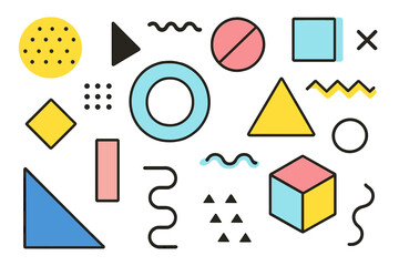 Fototapete - Colorful geometric shapes and patterns featuring circles, triangles, squares, and wavy lines on a white background